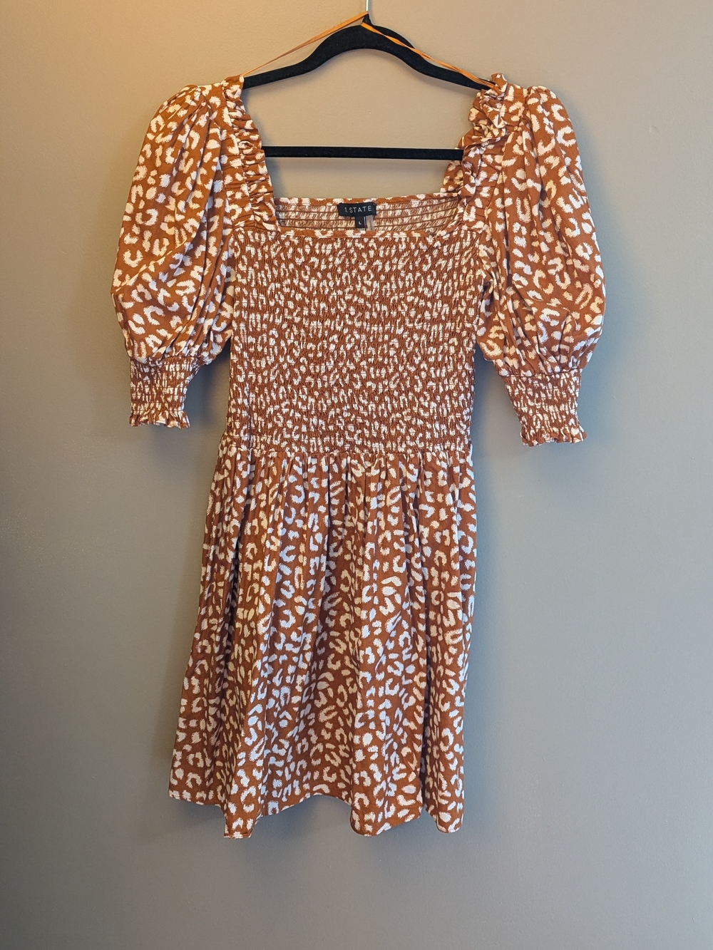 1.STATE Rust & White Smocked Animal-Print Mini Dress